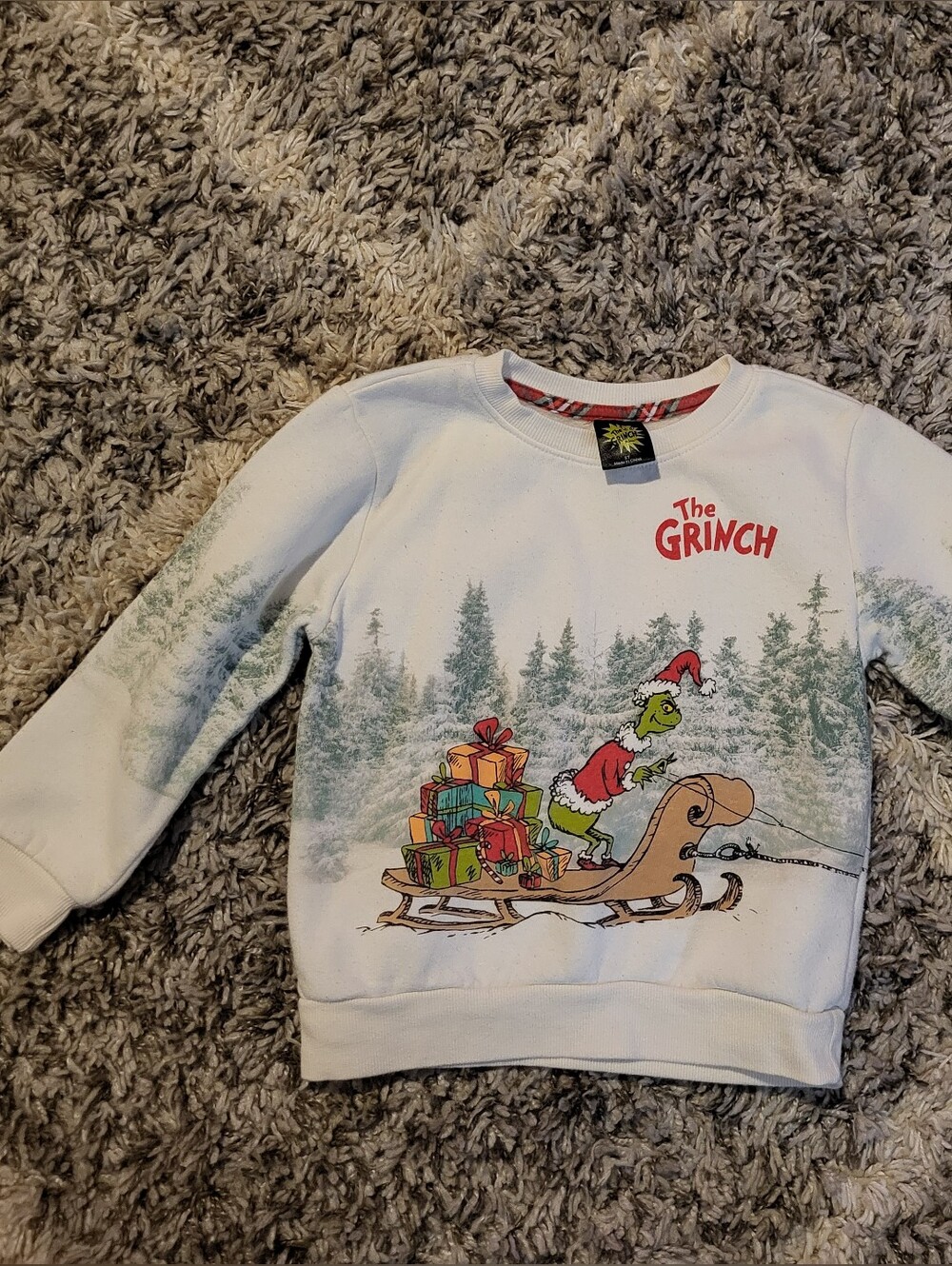 The Grinch Kids White Holiday Sweatshirt with Sleigh Graphic
